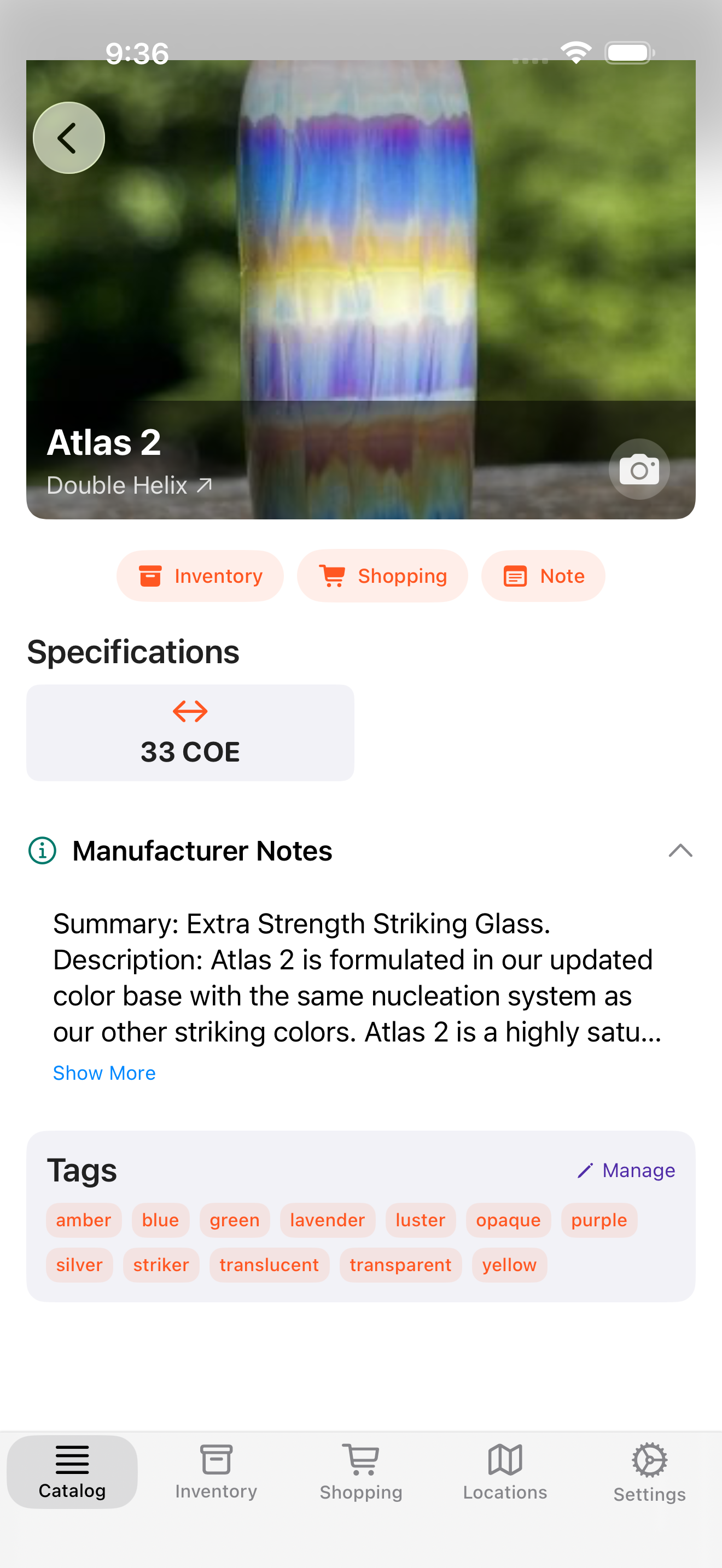 Molten app showing glass detail