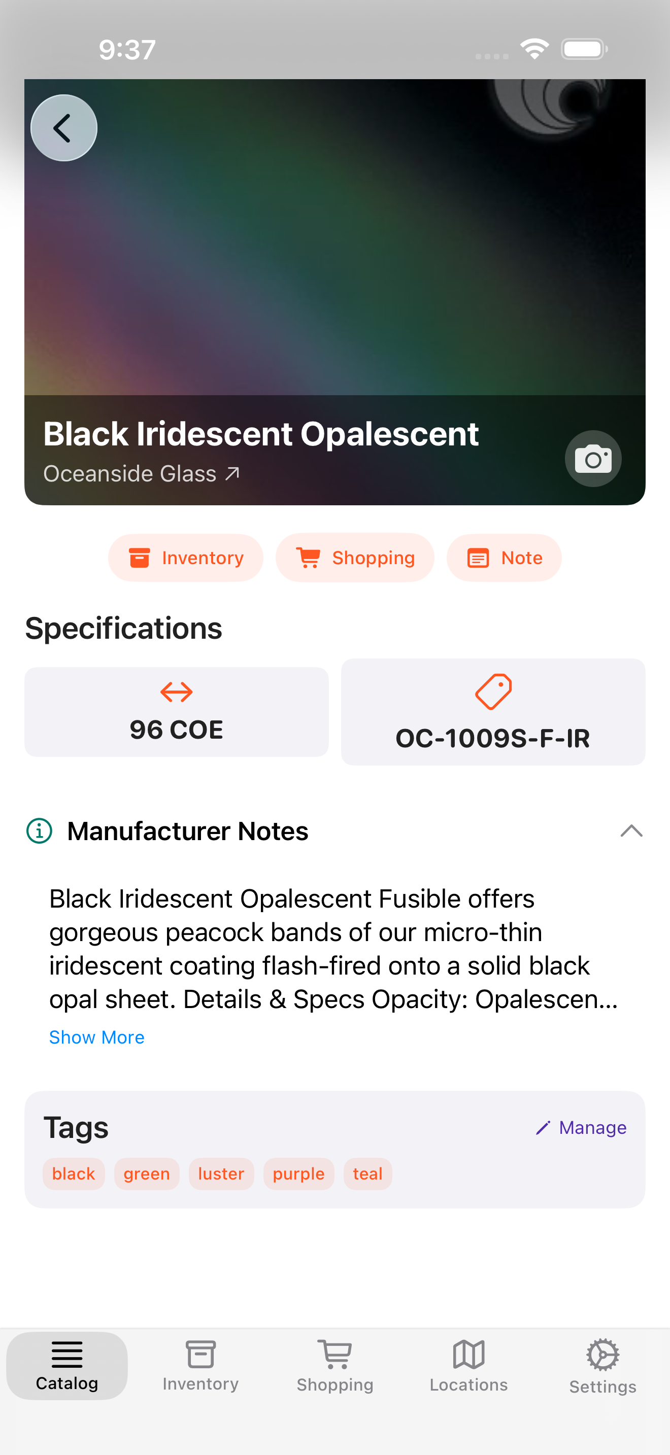 Molten app showing glass detail