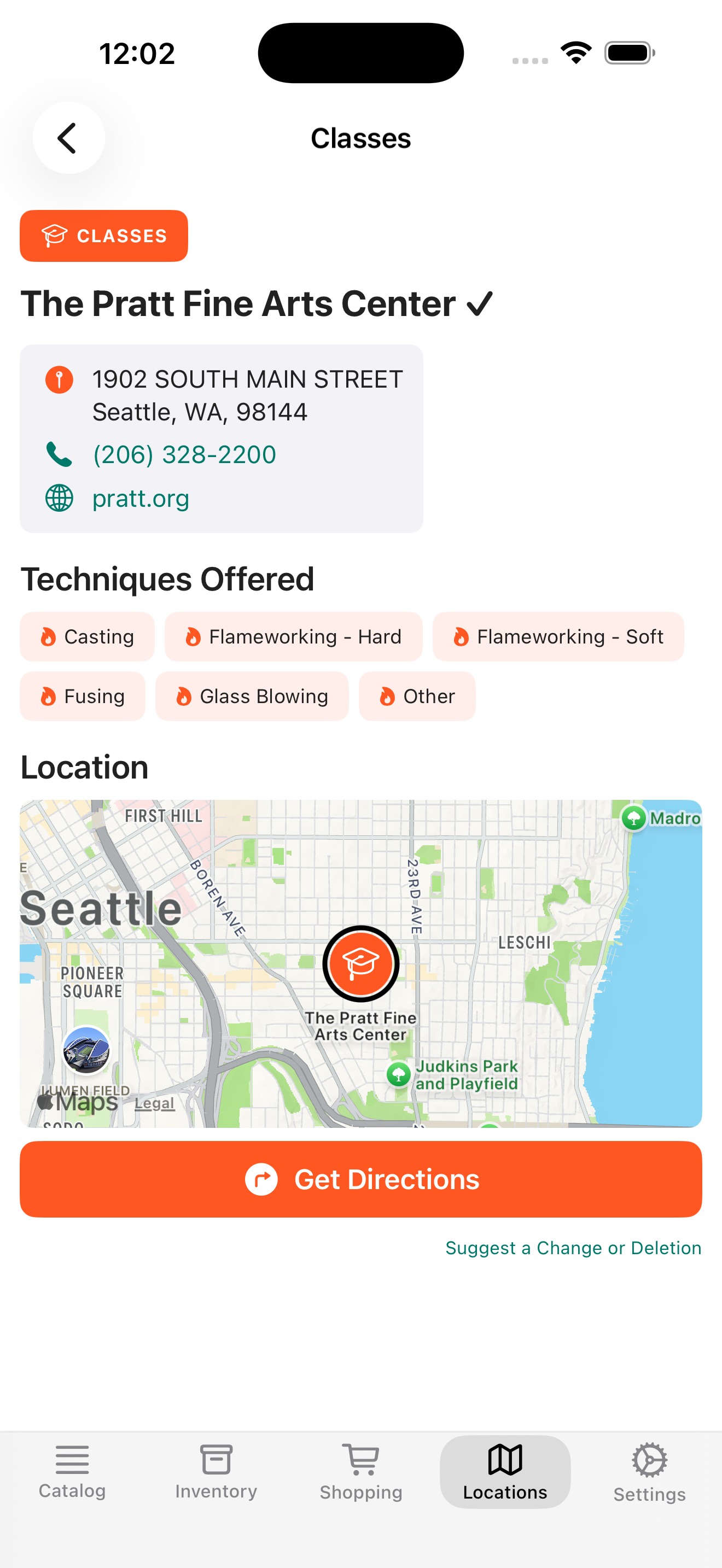 Glass supplier detail view with directions
