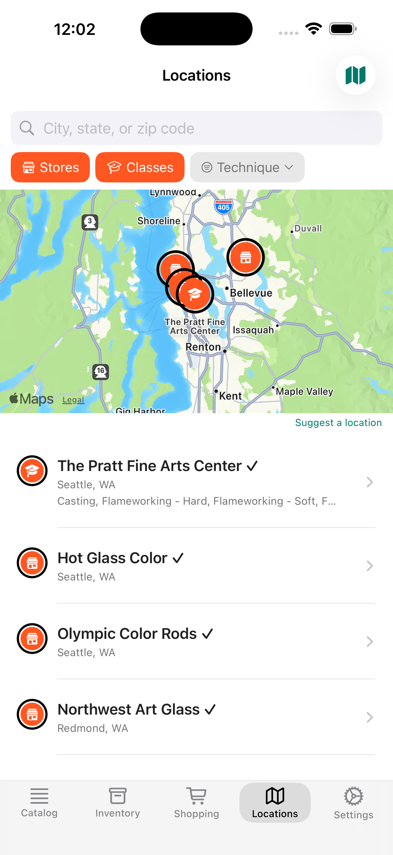 Map showing glass suppliers and schools nearby