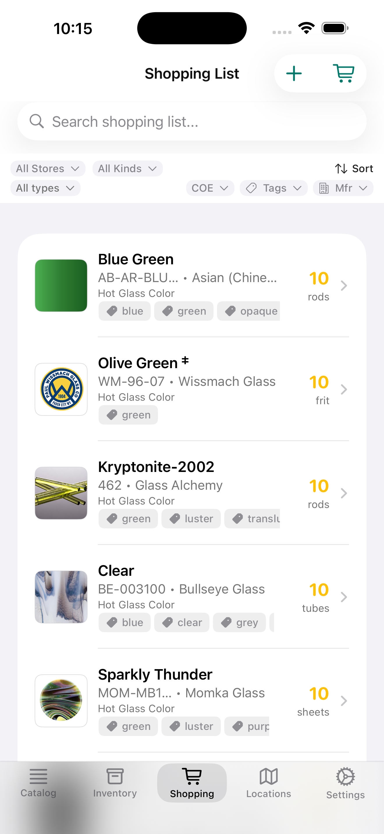 Shopping list with glass items organized by store