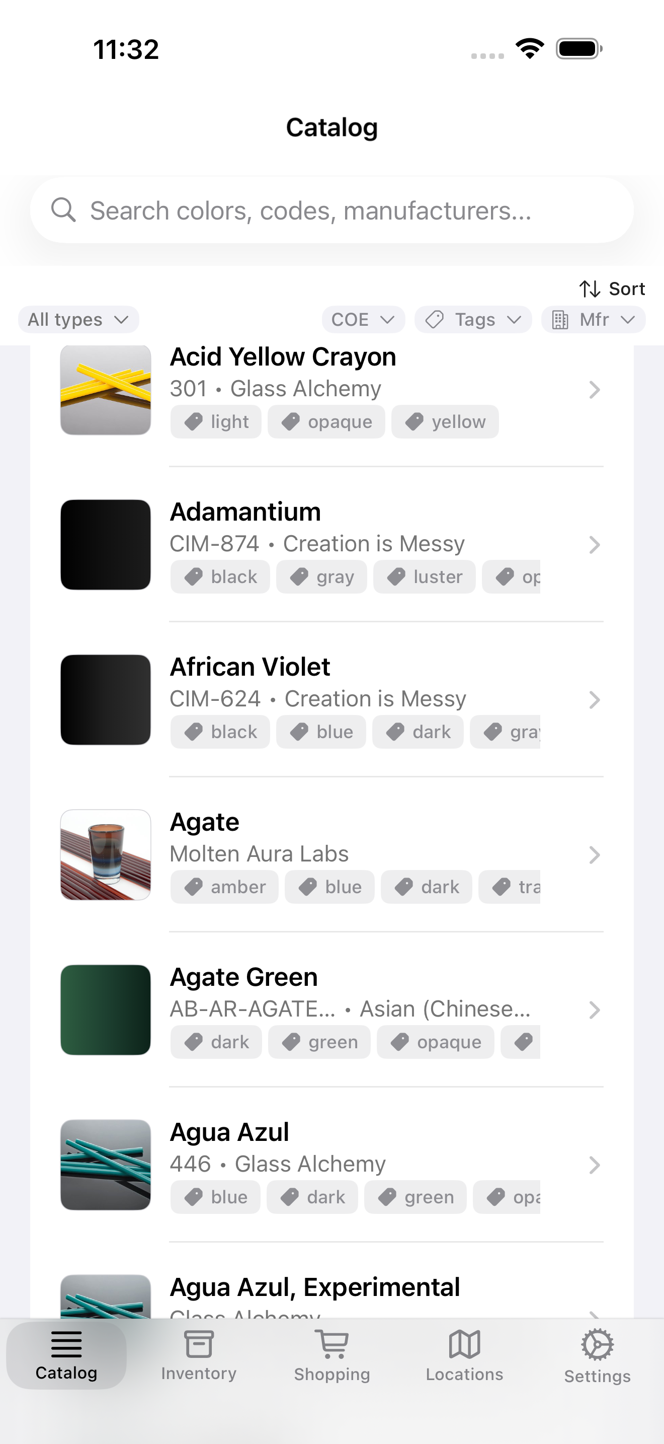 Browse glass catalog showing various colors and manufacturers