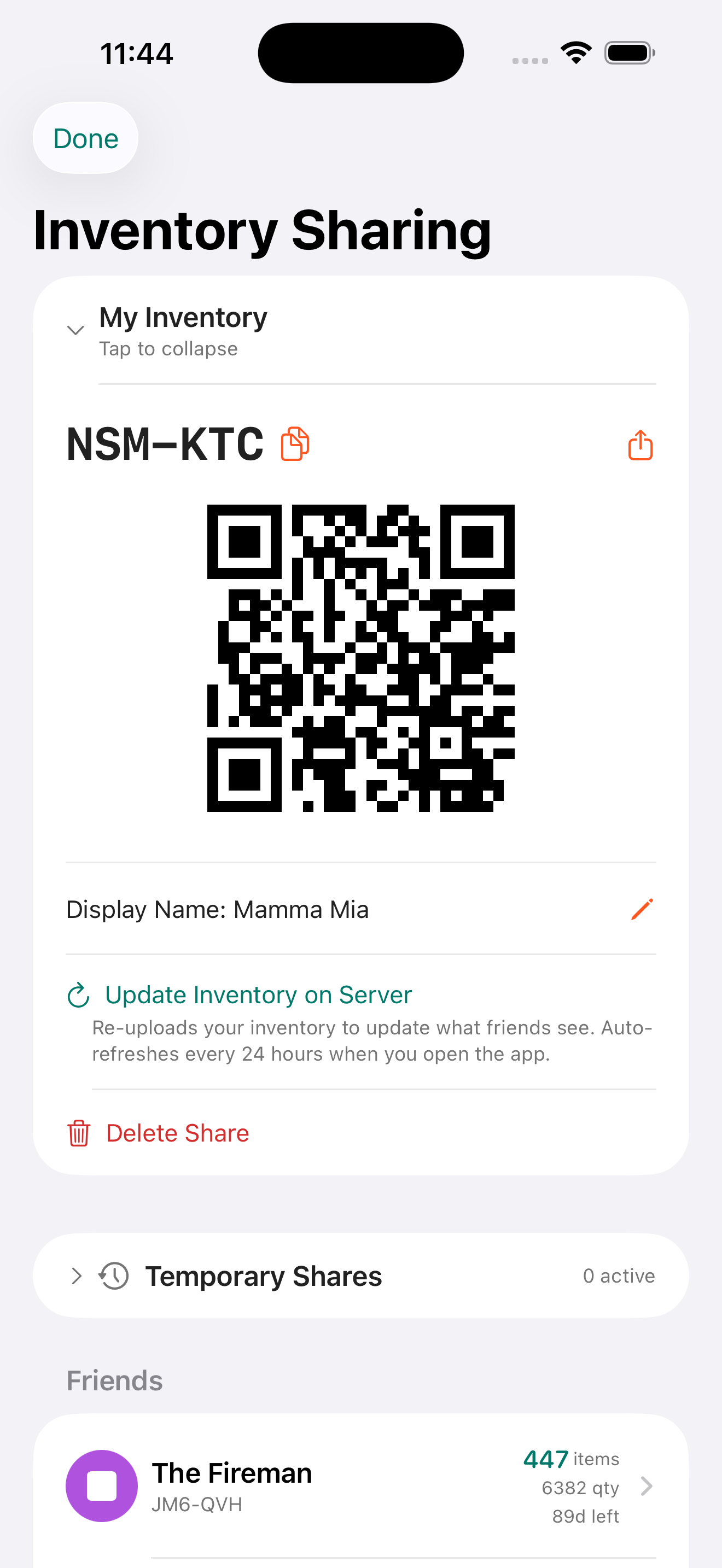 Share code for inventory sharing
