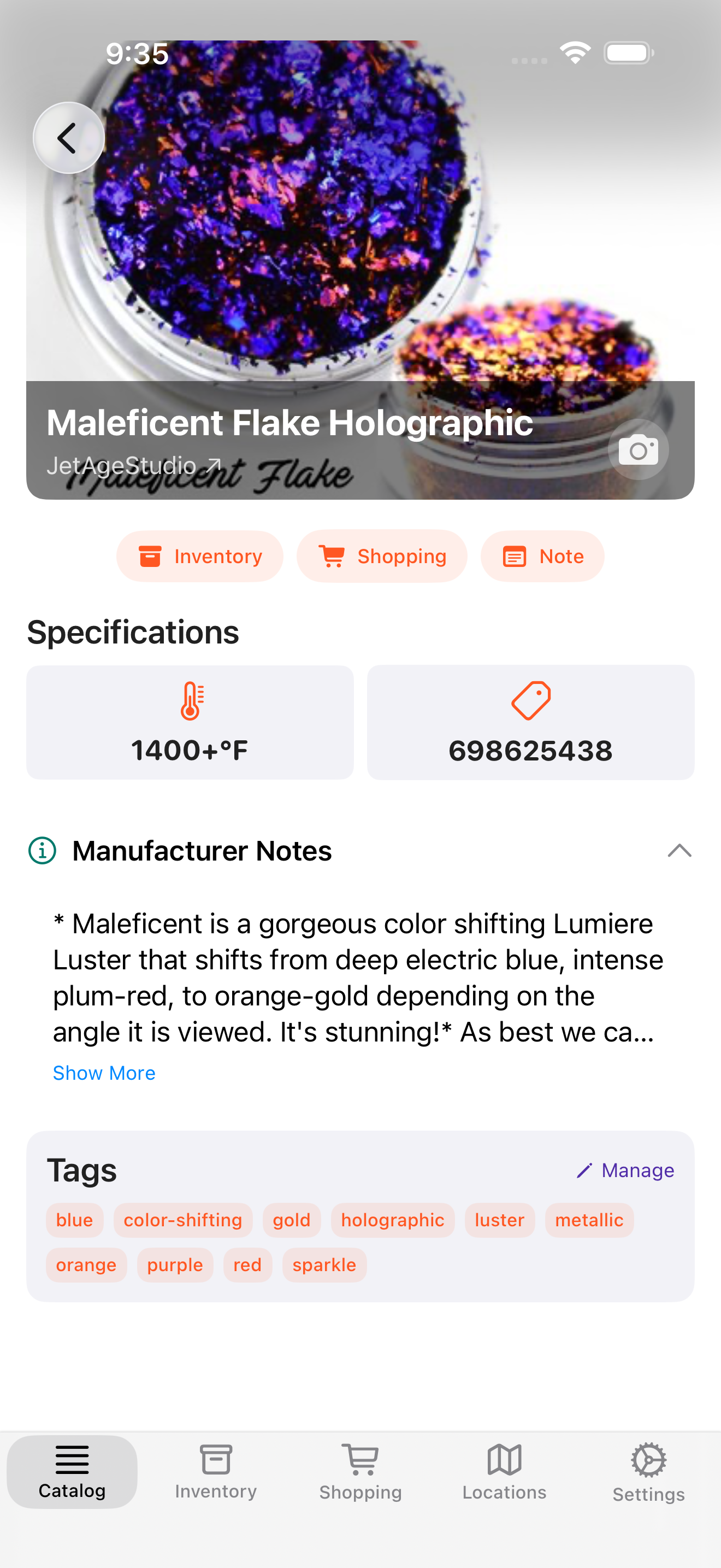 Molten app showing glass detail