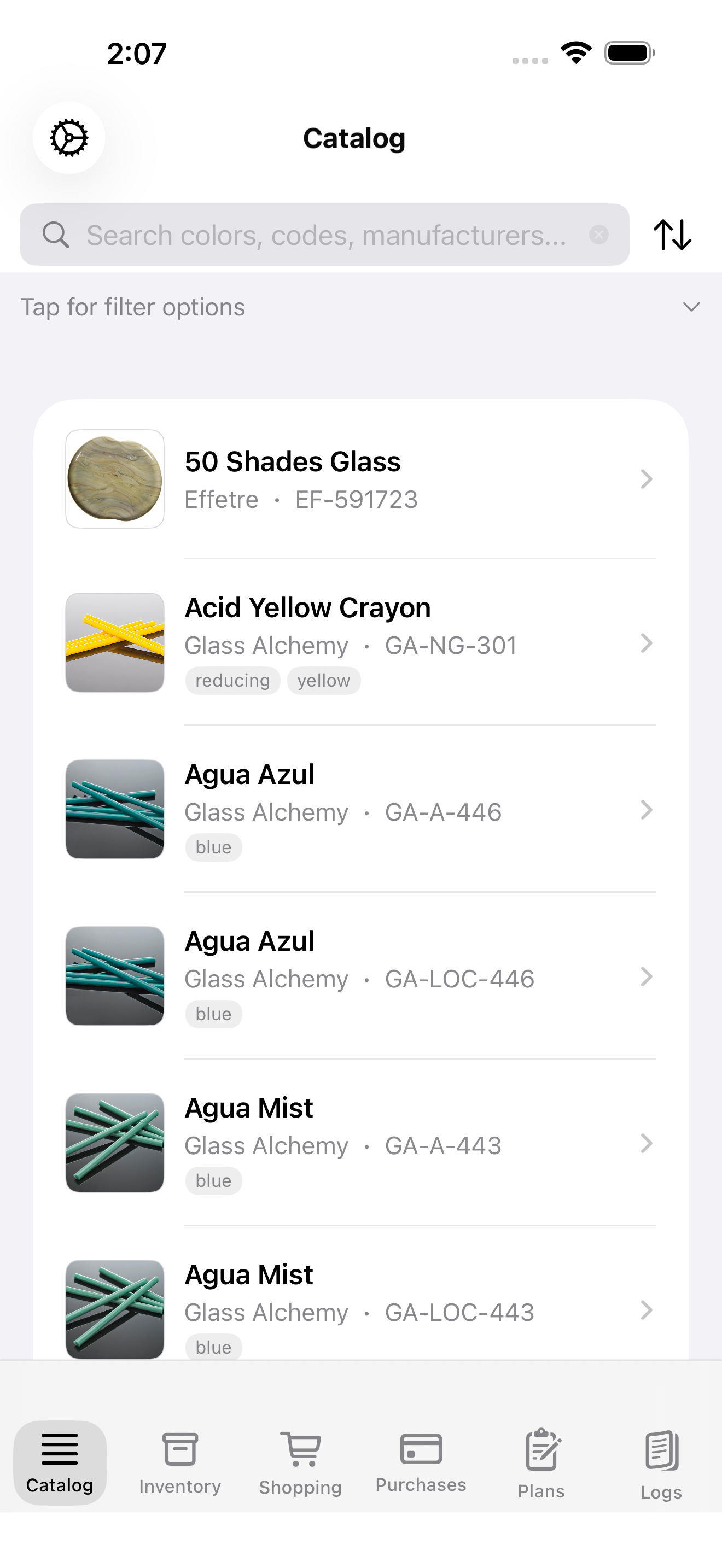 Browse glass catalog