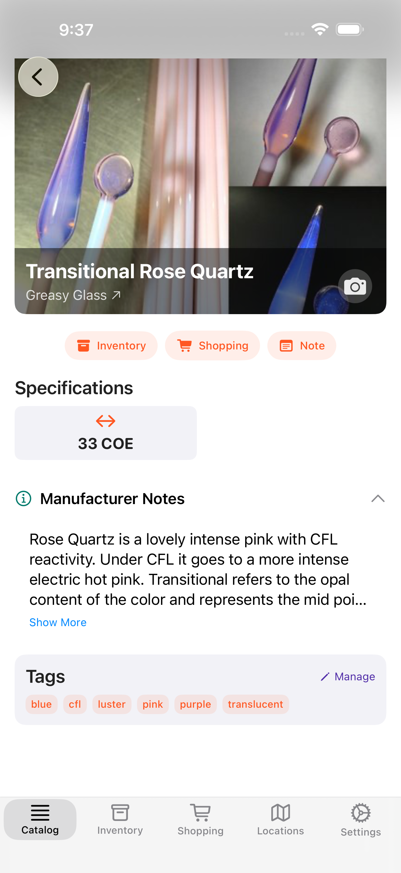 Molten app showing glass detail