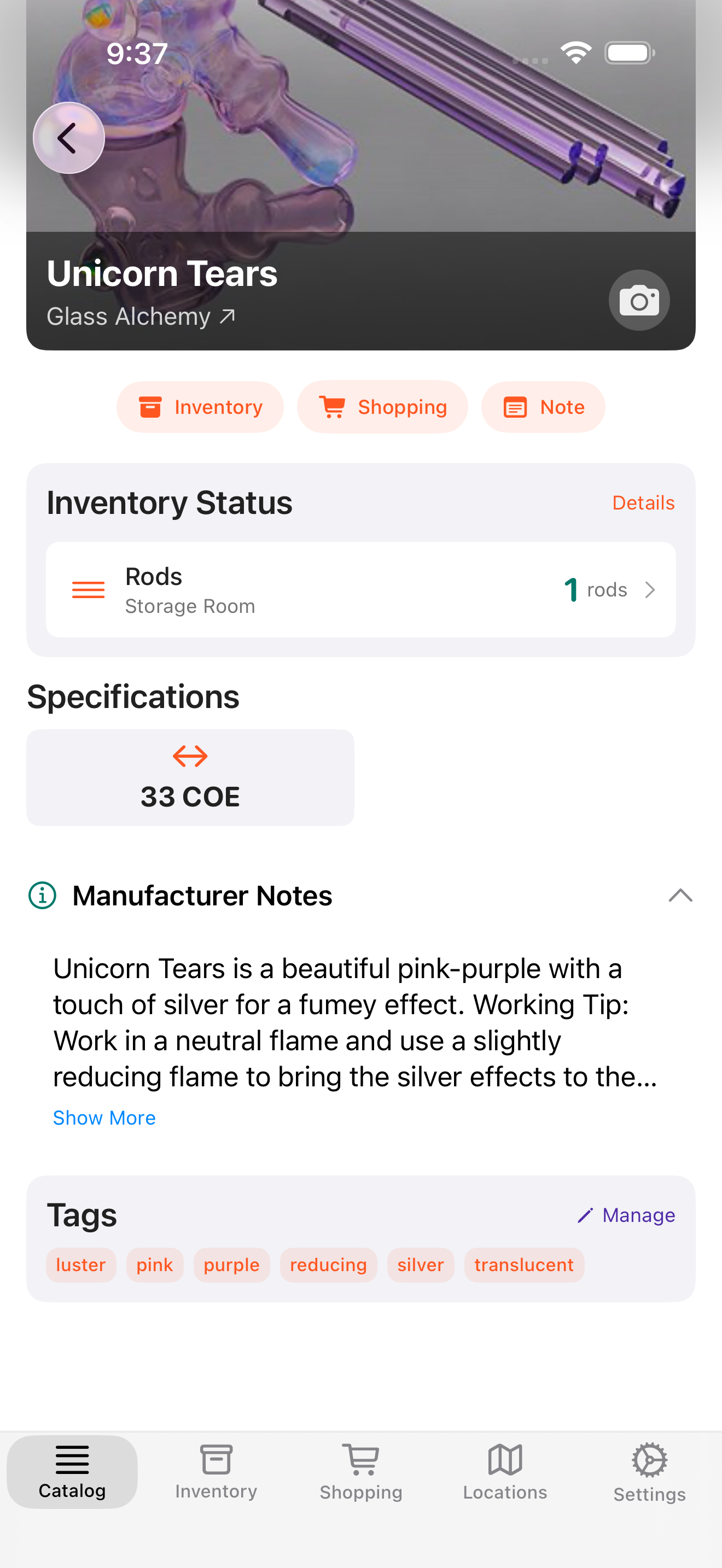 Molten app showing glass detail